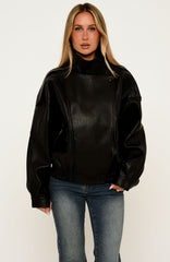 Arianna Funnel Neck PU Jacket Black