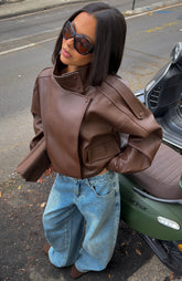 Arianna Funnel Neck PU Jacket Chocolate
