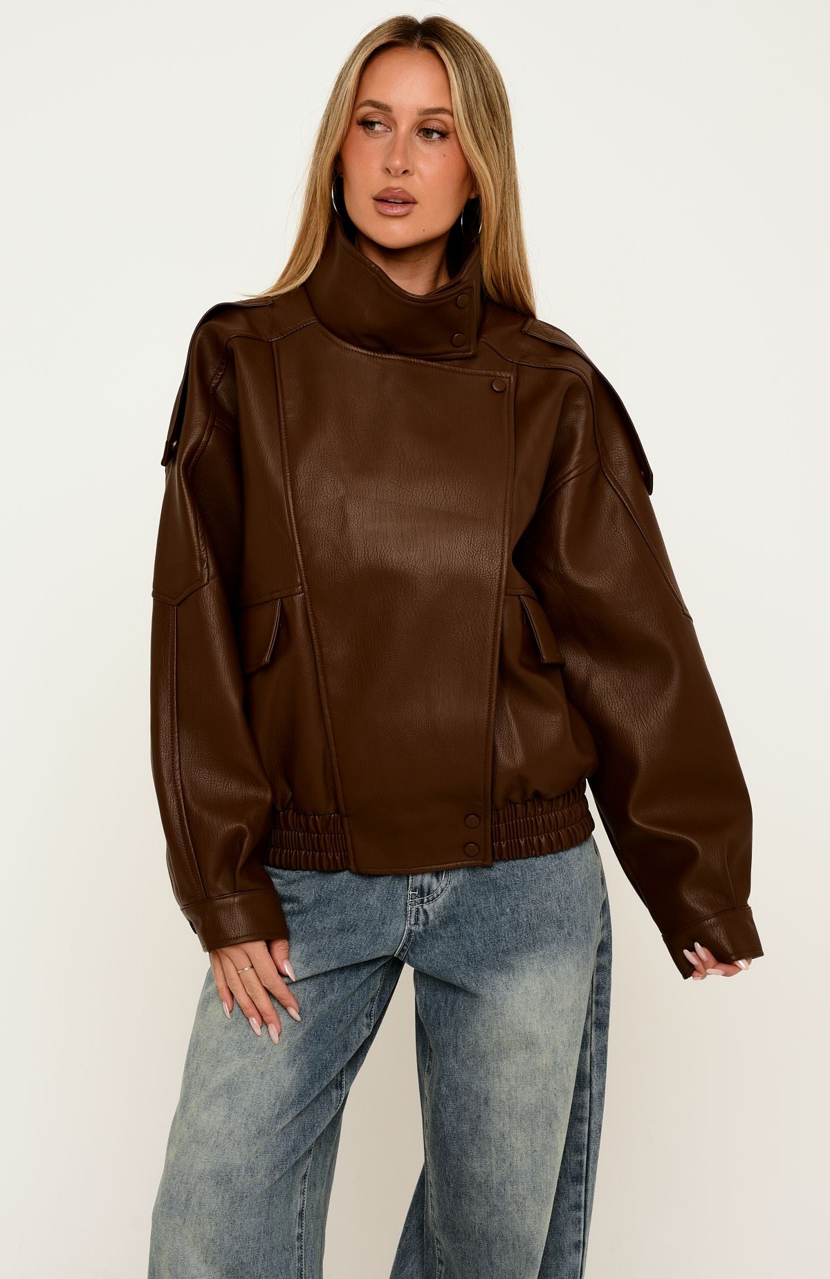 Arianna Funnel Neck PU Jacket Chocolate