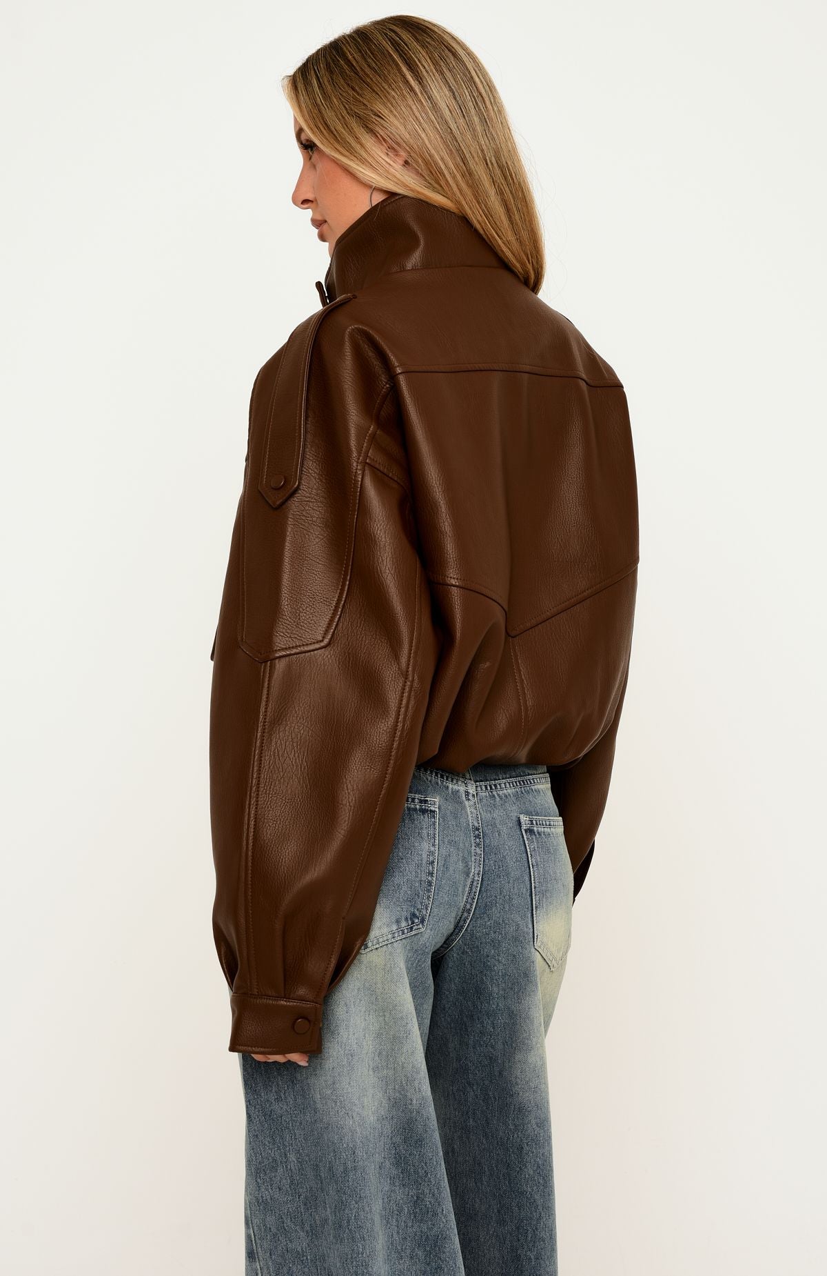Arianna Funnel Neck PU Jacket Chocolate