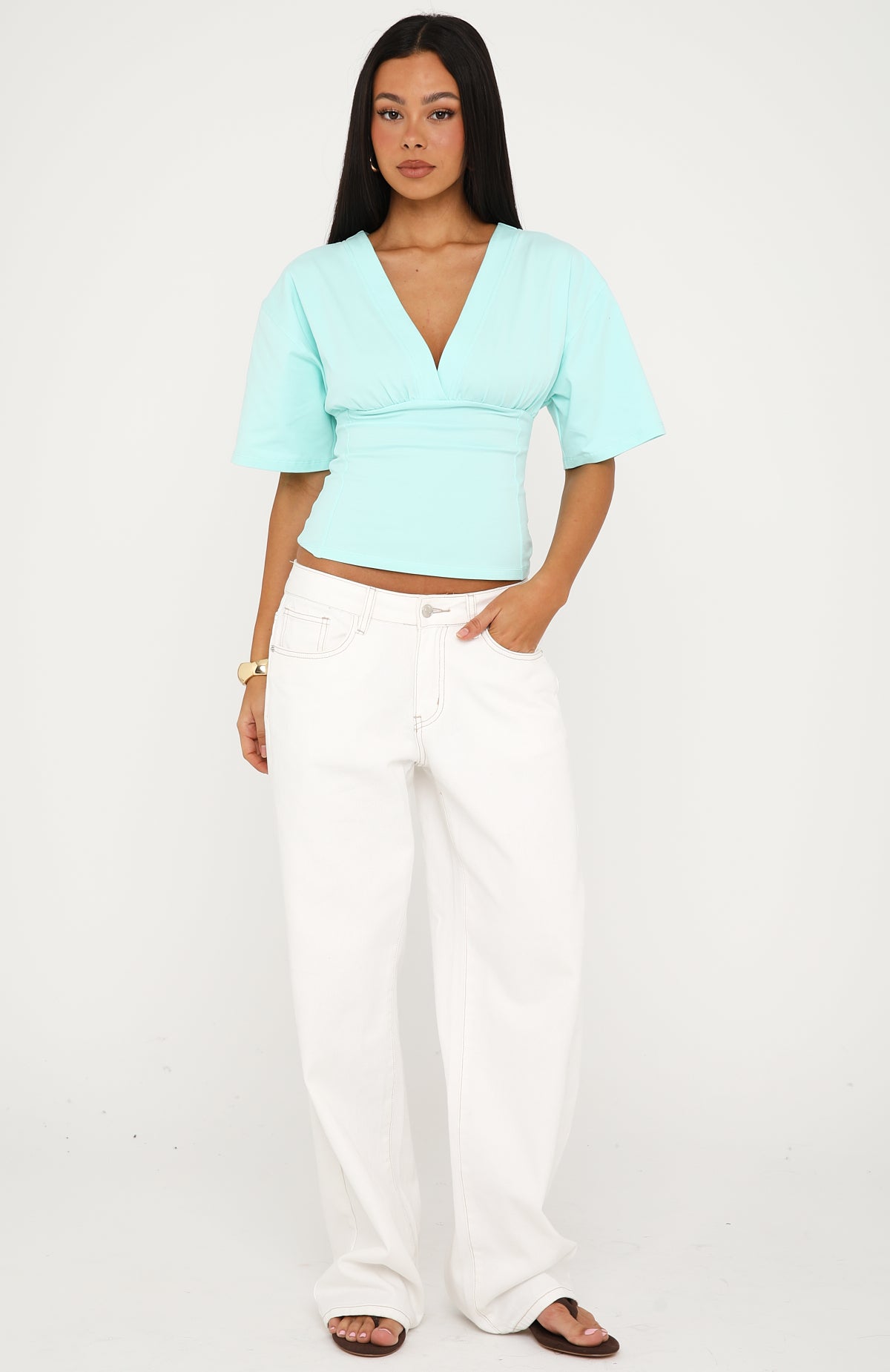 All On The Line V Neck Short Sleeve Top Aqua