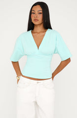 All On The Line V Neck Short Sleeve Top Aqua