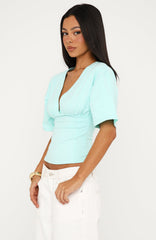 All On The Line V Neck Short Sleeve Top Aqua